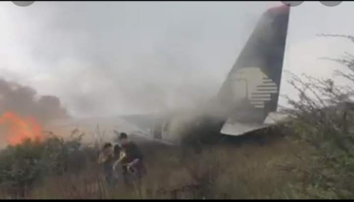 The scene of the passenger plane crash in the capital of Mexico's Durango state, just moments after take-off in August 2018.