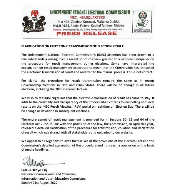 INEC's Press Release clarifying the Electronic Transmission of Election Result on Sunday.