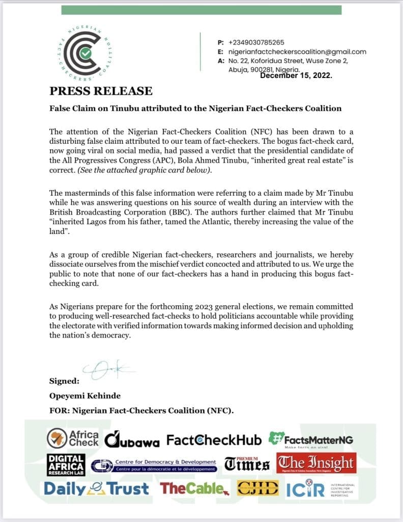 False Claim attributed to Nigerian Fact-Checkers Coalition