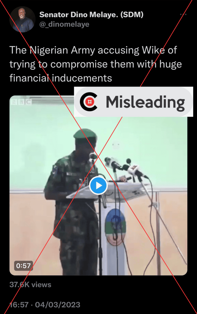 Dino Melaye shares misleading video of Nigerian Army accusing Wike of attempting to compromise election