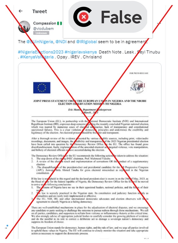 Screenshot of a tweet with the press statement falsely attributed to the EU in Nigeria and NDI/IRI election observers.