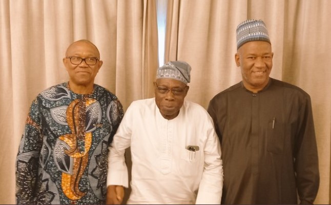 Former President Olusegun Obasanjo (M) with Peter Obi (L) and his running mate Yusuf Datti Baba-Ahmed (R).