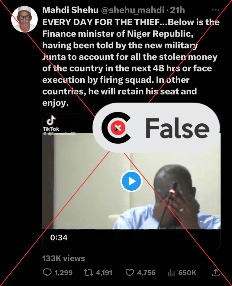Video does not show Nigerien minister of finance crying over failure to account for public spending