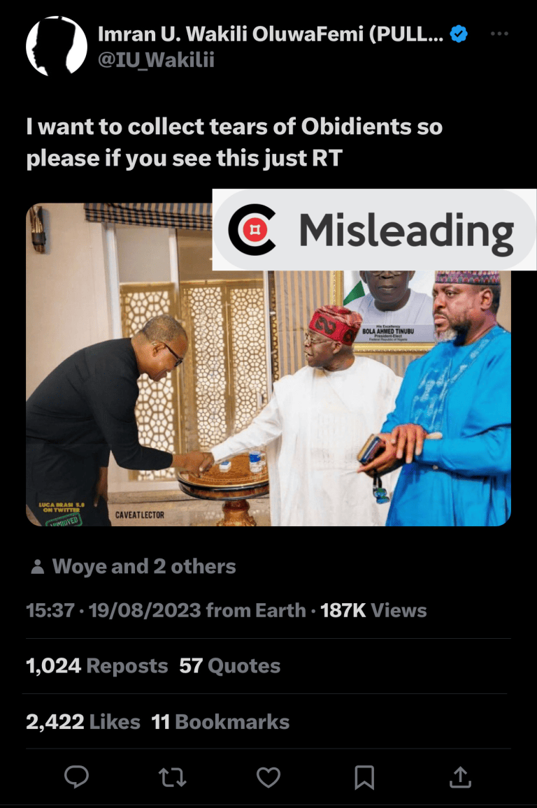 Photo of Obi in handshakes with Tinubu is FAKE!