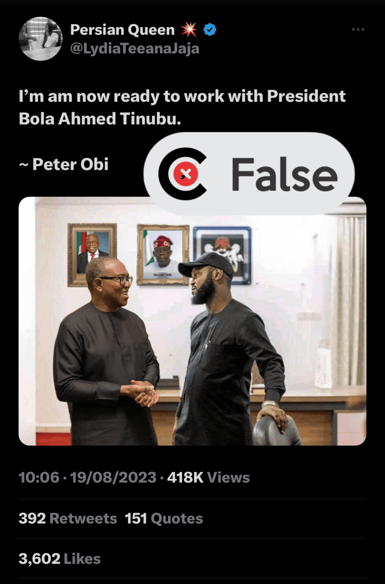 Doctored image shows Peter Obi conversing with Seyi Tinubu
