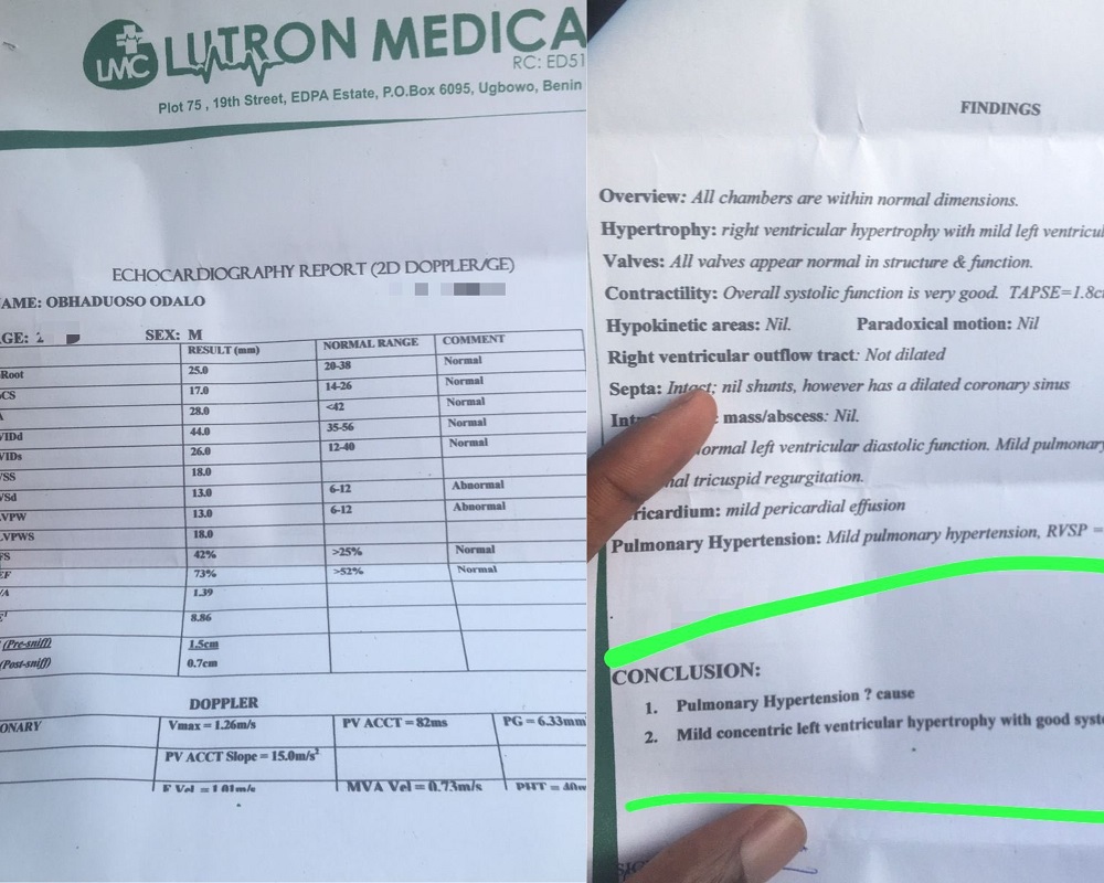 Odalo Echocardiography Report was allegedly conducted at Lutron Medical Centre Benin Photo source: Elsa