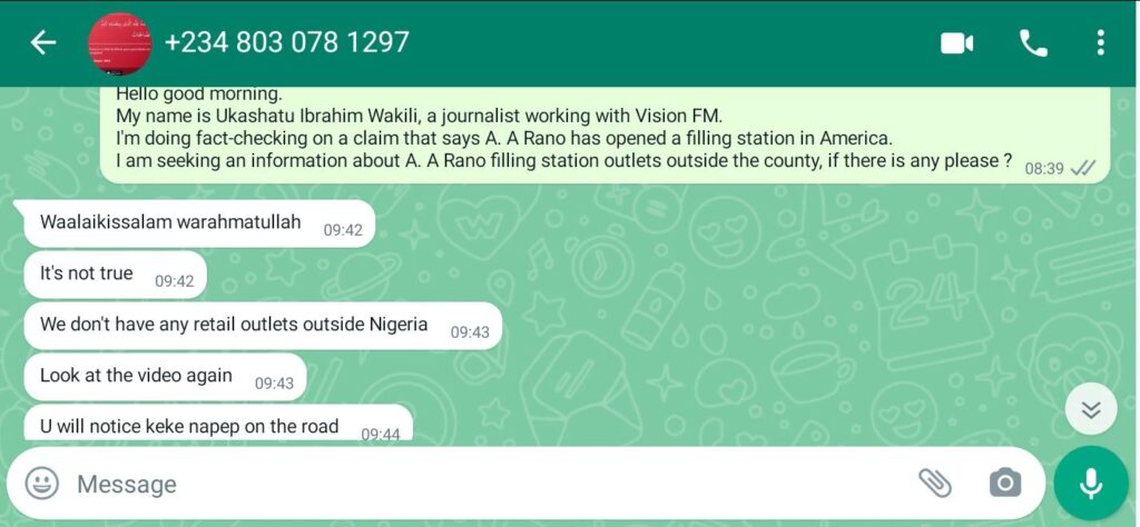 The WhatsApp chat between this reporter and A. A Rano official on December 20, 2023.