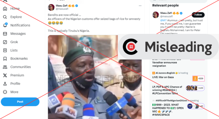 Screenshot of the viral post showing customs official admitting offering rice to bandits
