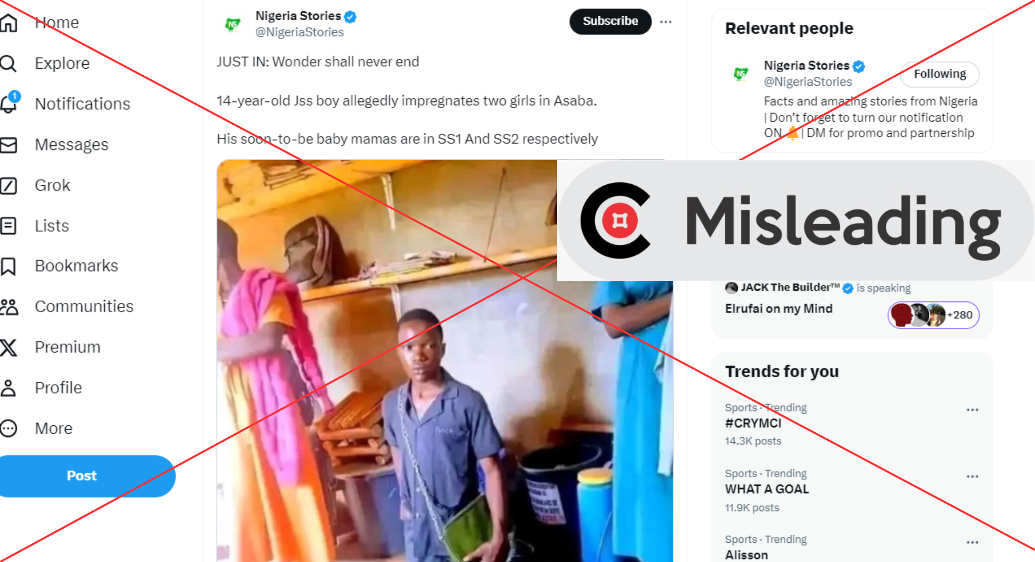 Screenshot of an image purportedly showing a Nigerian student who impregnated two girls in Asaba, Nigeria. The claim is misleading the image is from Cameroun