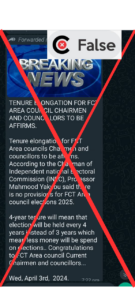 Viral broadcast on the tenure elongation for FCT area council chairmen and councilors. The claim is false. 