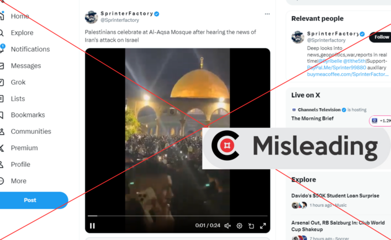 screenshot of the viral post purportedly showing Palestinians cheering Iran's attack on Israel. The claim is MISLEADING