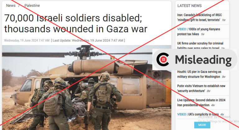 Screenshot of the news report published by PressTV. Insert: MISLEADING verdict.