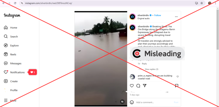Screenshot of an appearance of the claim on Instagram; Insert MISLEADING verdict