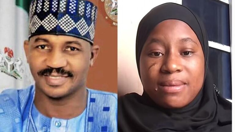 Photo collage showing Sokoto State governor, Ahmed Aliyu and the suspect on trial, Hamdiyya Sidi.