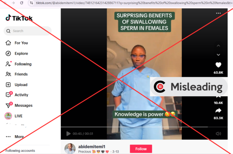 Screenshot of the appearance of the claim on TikTok; Insert MISLEADING verdict