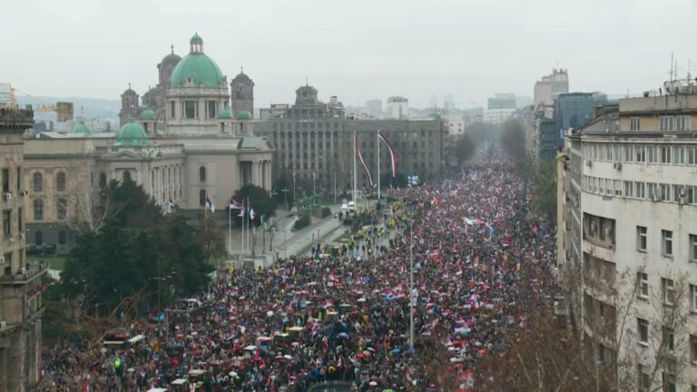 Thousands gathered in front of the Serbian parliament during a major anti-corruption protest led by students in Belgrade, Serbia, on Saturday, March 15, 2025. PHOTO CREDITS: @vuxeee via REDDIT.