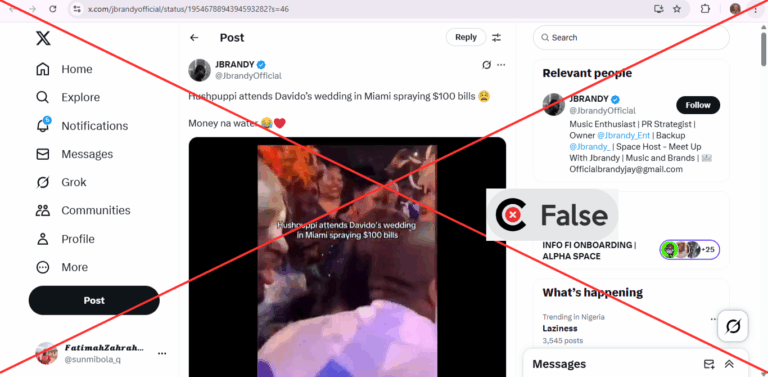 Screenshot of an appearance of the claim from X; Insert FALSE verdict