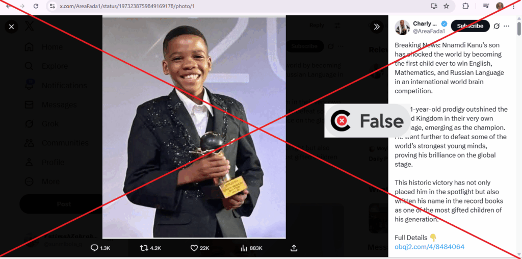 Screenshot of the claim on X; insert FALSE verdict 