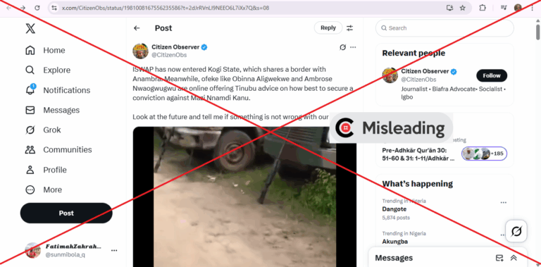 Screenshot of the claim; Video shows ISWAP in Kogi; INSERT Misleading verdict