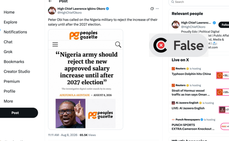 No, Peter Obi did not ask Nigerian Army to reject salary increase until after 2027